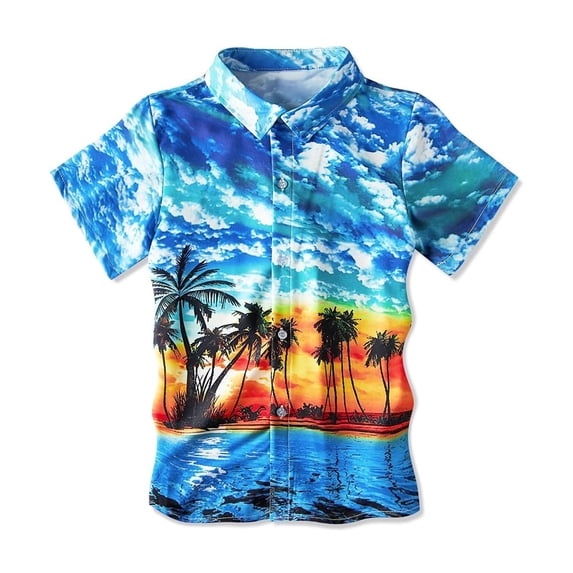 Glisme Boys Hawaiian Shirt Print Beach Button Down Short Sleeve Kids Summer Hawaii Shirts For Boy Blue Tee Size 9-10 Years