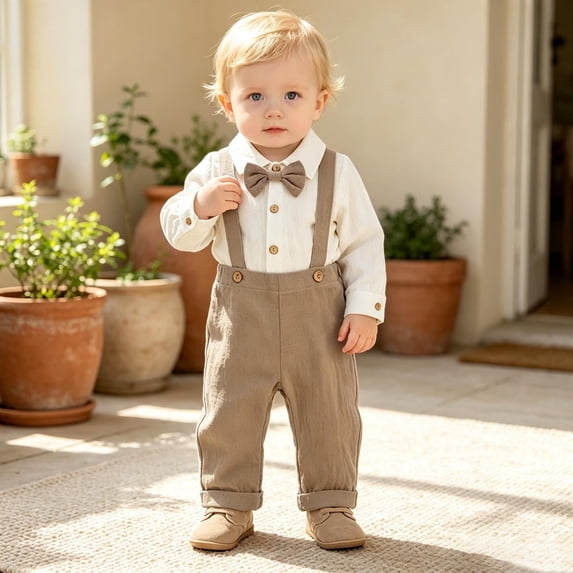 Glisme Boys Outfit Crewneck Short Sleeve Romper Bodysuit Suspenders Pants Solid Color Gentleman Suitgentleman Suit Adorable Toddler Daily Wear Khaki