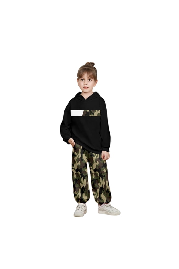 Boys Outfits Clothing Set Camo Print Hooded Long Sleeve Sweatshirt With Pants Loose Fit Kids Clothing Set For Fall And Winter Black Boy Athletic Set Size 7-8 Years