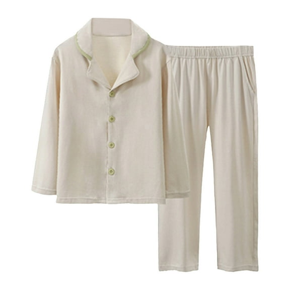 Glisme Boys Pajama Set 2 Pcs Clasic Button Down Top And Pants Long Sleeve Soft Cozy Sleepwear Beige Flexible Fit Nightwear Size 3-4 Years
