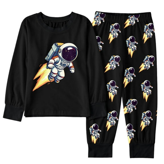 Glisme Boys Pajama Set Clothing Sets Winter Astronaut Cartoon Print Long Sleeve Top Pants Pyjamas Loungewear Kids Homewear Comfy Black Boy Festival Set Size 2 -3