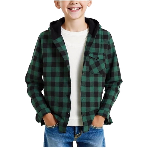Glisme Boys Plaid Hooded Shirt Jacket Long Sleeve Unisex Casual T-Shirt Outerwear Stylish Top Size 15-16 Years Green