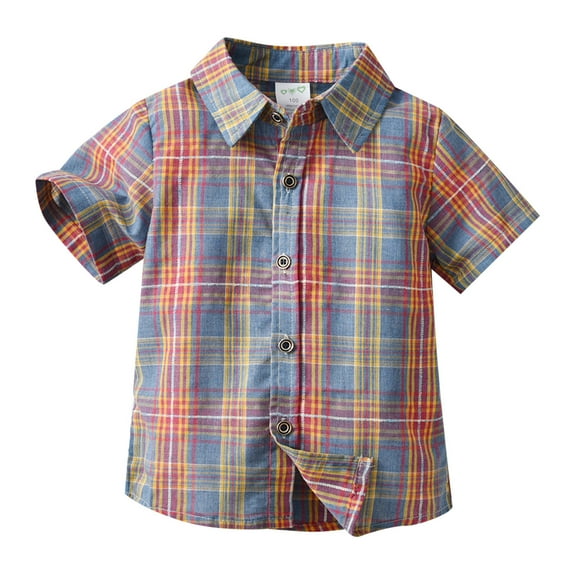 Glisme Boys Plaid Short Sleeved Shirts Summer Short Sleeve Cardigan Shirt Formal T-Shirt Handsome Clothing Classic Top Size 5-6 Years Orange