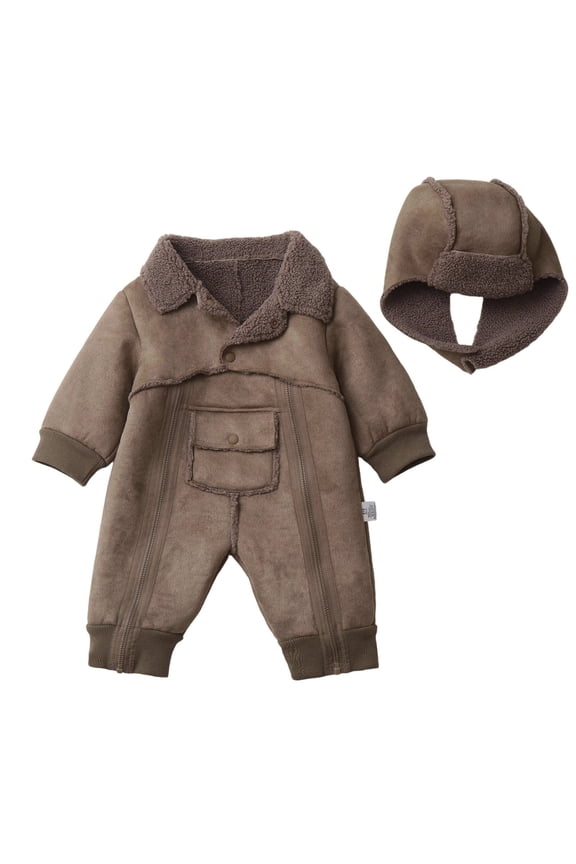 Boys Romper Winter Romper Jumpsuit With Hood Soft Lined Warm Outfit For Infant Toddler Cozy Casual Wear Cute Playwear Coffee