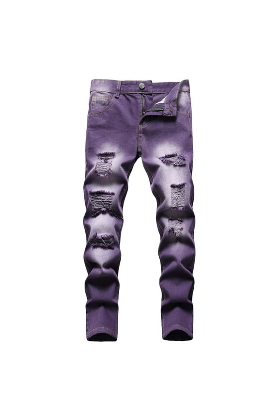 Boys Skinny Fit Ripped Distressed Fashion Kids Denim Jeans Pants Purple Handsome Trousers Size 14-16 Years
