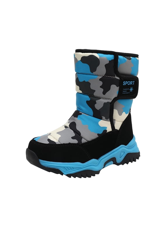 Boys Snow Boots Kids Camouflage Boots For Outdoor Warm Snon Lip And Waterproof Boots Leisure Blue Boots Size 9.5-10 Years