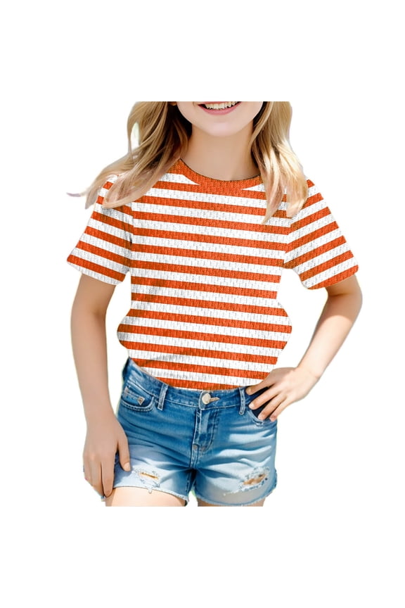 Boys Striped T Shirt Short Sleeve Party Top Casual Crew Neck Tee For Kids Comfortable Blend Top For Children Orange Tops Size 90