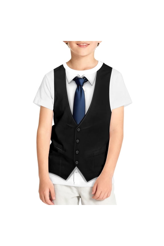 Boys T Shirt Interesting Gentleman Vest Tie Printed Pattern T-Shirt Summer Short Sleeve Casual Tee Cool Top Size 4 T Black