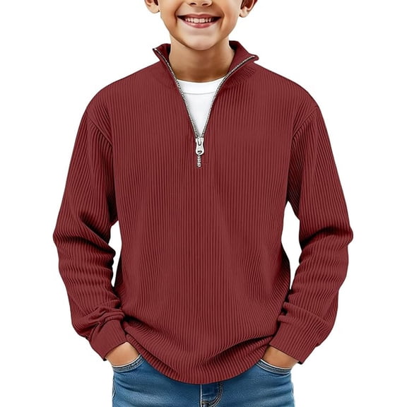 Glisme Boys T Shirt Long Sleeve Corduroy Shirts Quarter Zip Pullover Sweater Casual Collared T-Shirt Fall Ribbed Sweatshirts Loose Top Size 9-10 Years Wine