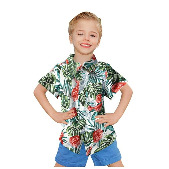 Glisme Boys T Shirt Toddler Summer Kids Hawaiiss Short Sleeve Floral Button Down T-Shirt Beach Shirt Base Top Size 6-7 Years Green