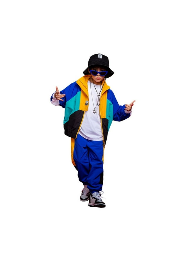 Boys Two Piece Set Size 10-11 Years Unisex Kids Color Block Clothing Set Street Retro Tracksuit Outfits Hop Dance Blue Boy Clothing Set