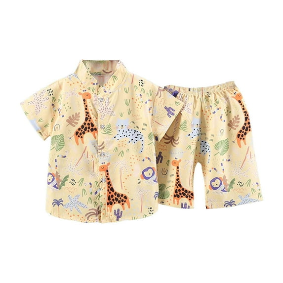 Glisme Boys Two Piece Set Size 2-3 Years Cartoon Animal Beach Shirt Shorts Set Summer Casual 2 Piece Outfit Yellow Boy Leisure Suit