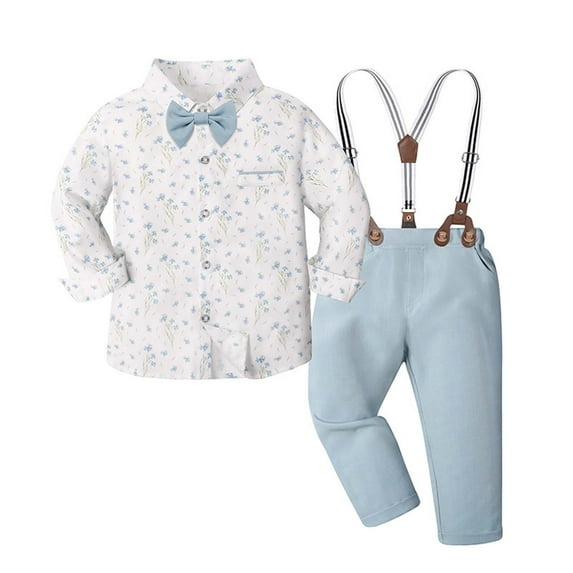 Glisme Boys Two Piece Set Size 2-3 Years Formal Elegant Dress Shirt With Suspenders And Pants For Wedding Party Celebration Blue Boy Clothes Set