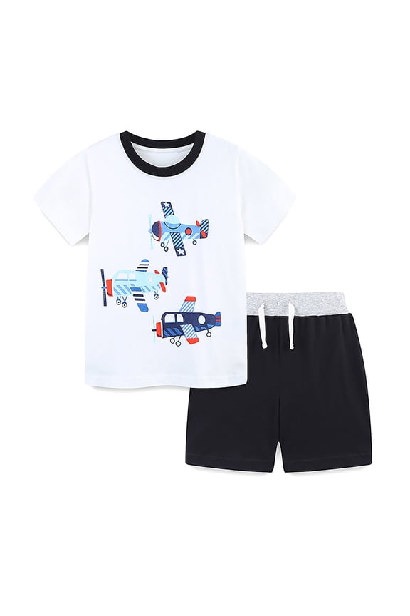 Boys Two Piece Set Size 2-3 Years Short Sleeved Outfit Summer Outfit Knit Crew Neck Printed Two Piece Set For Children White Boy Fashion Set