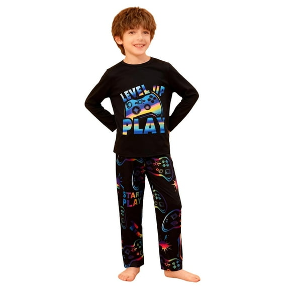 Glisme Boys Two Piece Set Size 8-9 Years Print Pajama Soft Sleepwear Two Piece Outfit For Kids Cozy Loungewear Black Boy Fashion Set