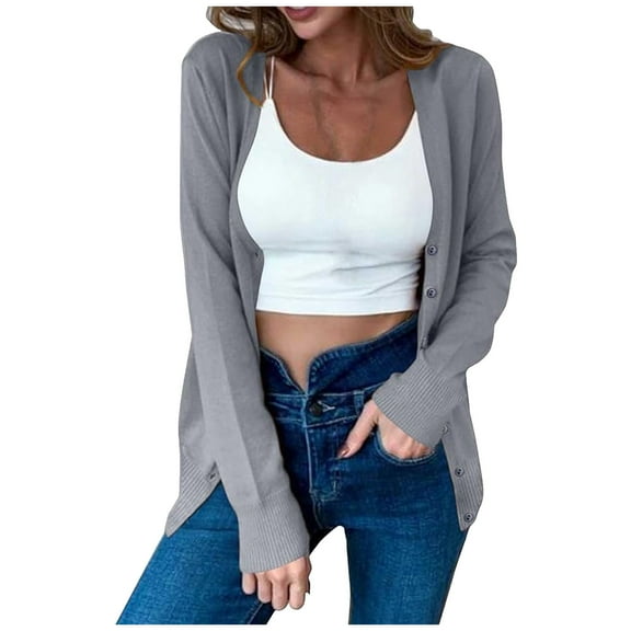 Glisme Cardigan Sweaters For Women Knitted Base Shirt V Neck Long Sleeve Spring Fall Outer Sweater Soft Tops Winter Clothes Grey