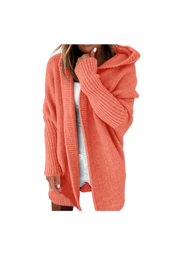 Cardigan Sweaters For Women Solid Color Hooded Patchwork Batwing Sleeve Open Sweater Knitted Cardigan Lightweight Winter Tops Orange