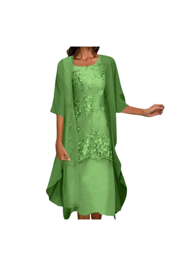 Casual Dresses For Women Embroidery Round Neck Elegant Dress Half Sleeve Chiffon Shawl Cardigan Two Piece Set Green Sundress Formal Dresses
