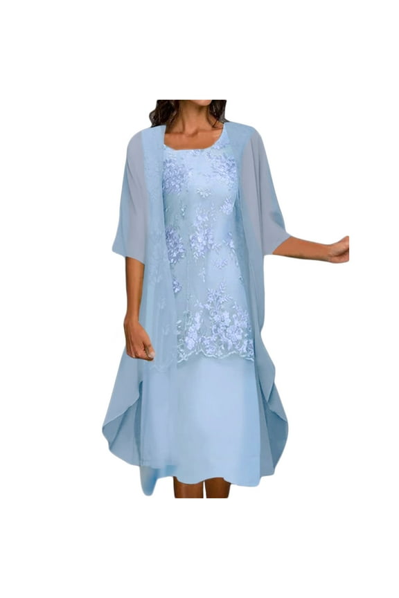 Casual Dresses For Women Embroidery Round Neck Sleeve Dress Half Sleeve Chiffon Shawl Cardigan Two Piece Set Blue Sundress Graduation Dresses