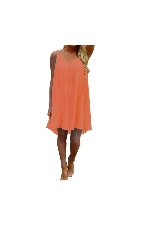 Casual Dresses For Women Sleeveless Backless Chiffon Spaghetti Strap Pleated Midi Dresses For Beach Orange Sundress Graduation Dresses