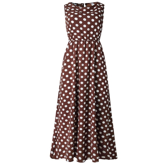 Glisme Casual Dresses For Women Maxi Dress O Neck Dot Printed Sleeveless A Line Pleated Loose Ruched Flowy Tank Dresses Coffee Sundress Party Dresses