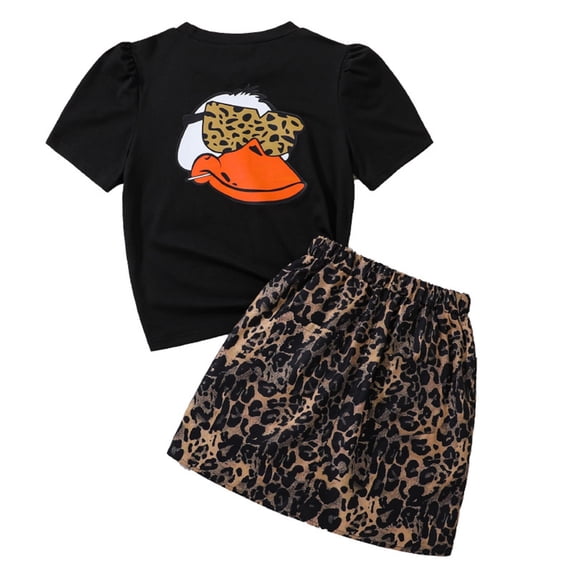 Glisme Casual Girls Clothing Set Cartoon Short Sleeve T Shirt Leopard Print Skirt Two Piece Set Size 11-12 Years Black Outfits Set For Girl