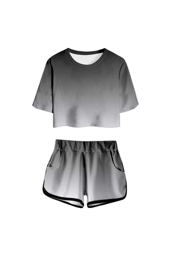 Casual Girls Clothing Set Summer Print Short Sleeve Top And Shorts Set Cute Round Neck Pocket Casual Outfit For Teens And Juniors Size 11-12 Years Black Outfits Set For Girl