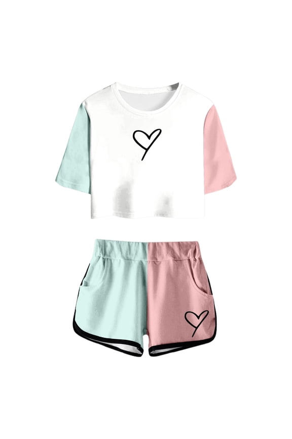 Casual Girls Clothing Set Summer Print Short Sleeve Top And Shorts Set Cute Round Neck Pocket Casual Outfit For Teens And Juniors Size 13-14 Years Pink Outfits Set For Girl