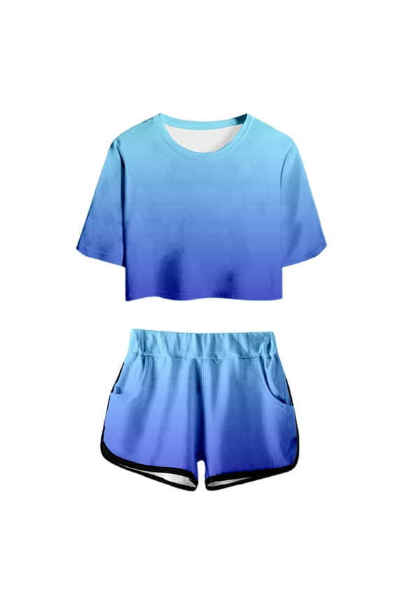 Casual Girls Clothing Set Summer Print Short Sleeve Top And Shorts Set Cute Round Neck Pocket Casual Outfit For Teens And Juniors Size 4-5 Years Blue Outfits Set For Girl
