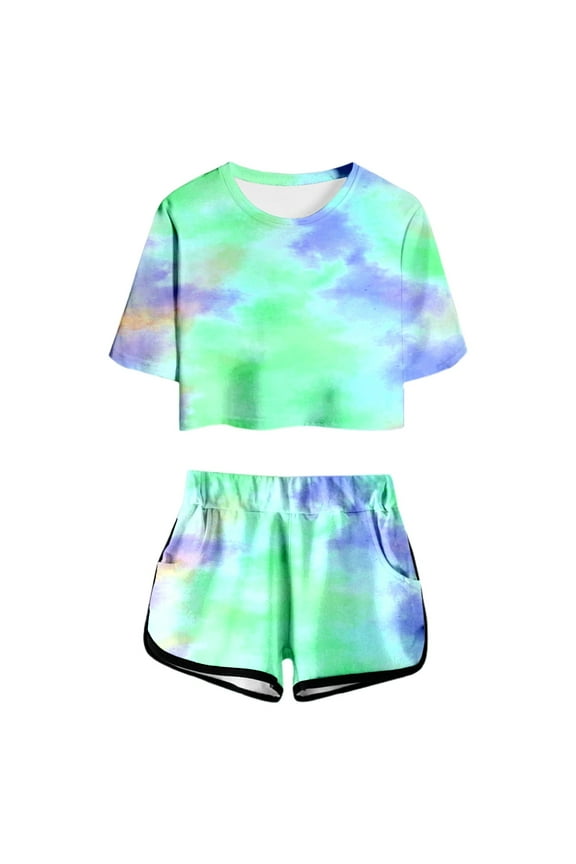 Casual Girls Clothing Set Summer Print Short Sleeve Top And Shorts Set Cute Round Neck Pocket Casual Outfit For Teens And Juniors Size 4-5 Years Light Green Outfits Set For Girl