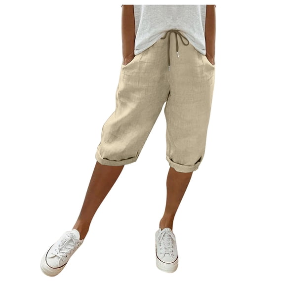Glisme Casual Pants For Women Fashion Solid Large Pocket Elastic Capris Pants Khaki Trousers Athletic Fit