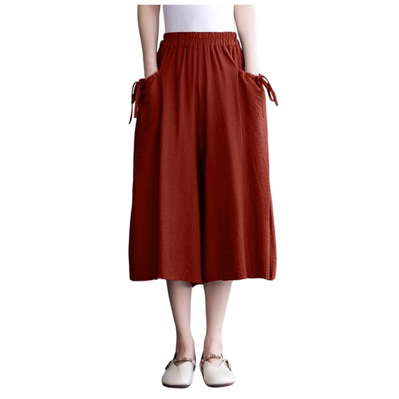 Glisme Casual Pants For Women Plus Size Knee Length Cotton Linen Shorts Summer Baggy Dressy Long Shorts With Pockets Red Trousers Flexible Fit
