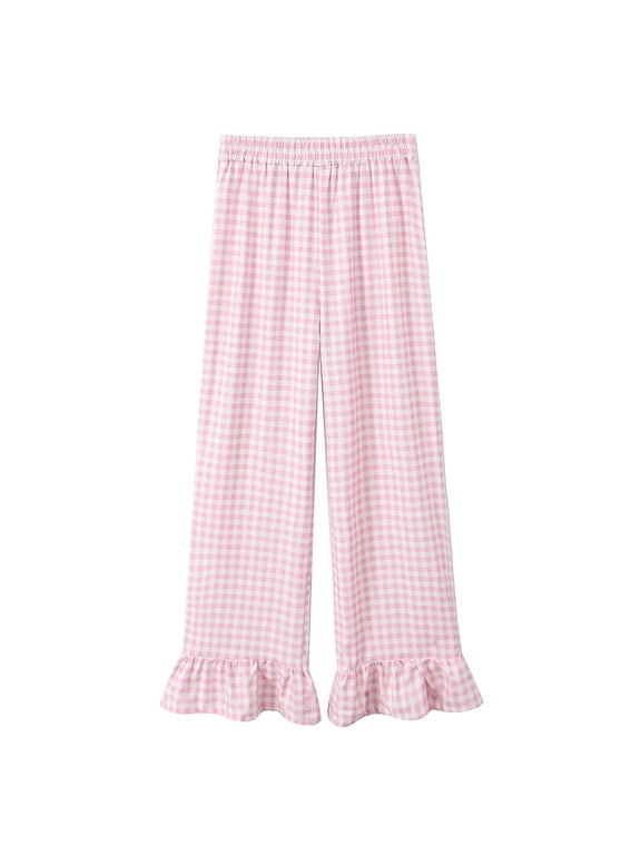Casual Pants For Women Retro Plaid Printed Elastic High Waisted Micro Flared Casual Pants Pink Trousers Athletic Fit