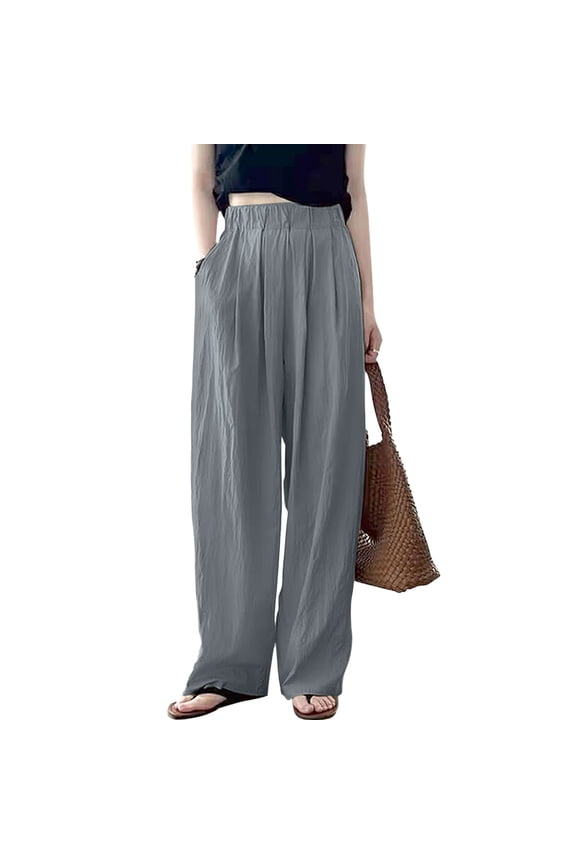 Casual Pants For Women Spring And Summer High Waisted Pleated Ice Silk Wide Leg Pants Grey Trousers Flexible Fit