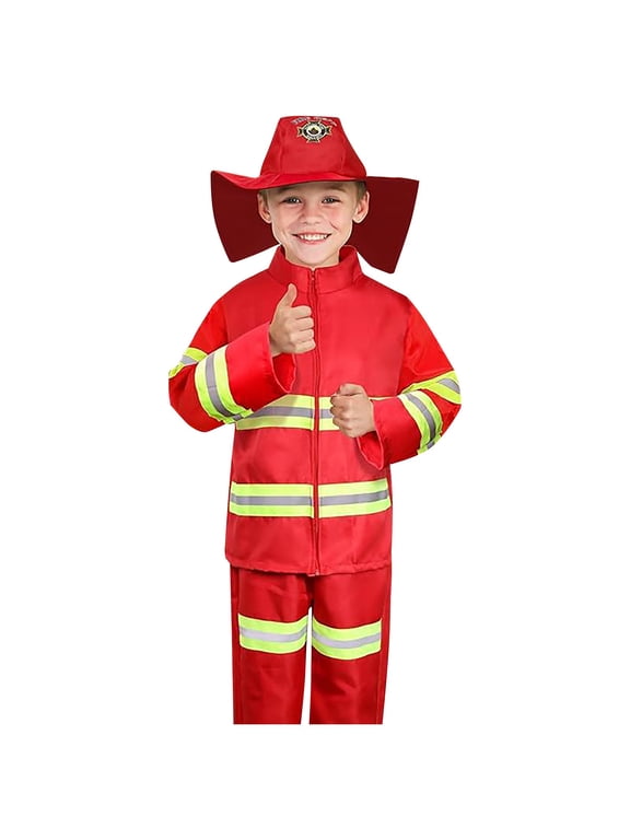 Child Boys Outfits 7-8 Years Fireman Campus Three Piece Set Long Sleeve Shirt Trousers Headwear Complete Suit For School Education Day Seasonal Festival Group Wear Cute Clothes Red