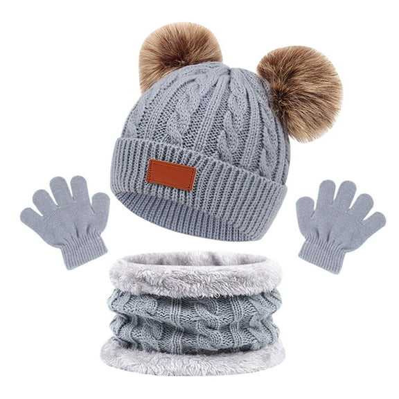 Glisme Children'S Hats Scarves Gloves Set Autumn And Winter Warm Colored Double Ball Baby Hats Cold Resistant Accessories Grey