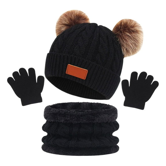 Glisme Children'S Hats Scarves Gloves Set Autumn And Winter Warm Colored Double Ball Baby Hats For Fashionable Accessory Black
