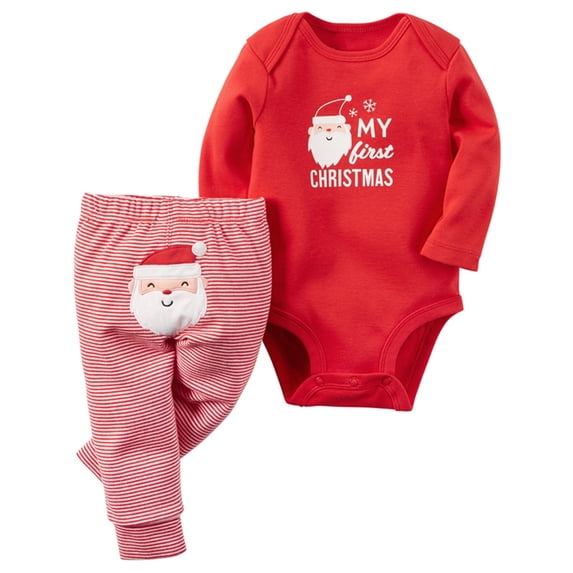 Glisme Christmas Boy Pajamas Long Sleeve Sleepwear Cartoon Santa Pattern Romper Striped Pants Outfits Round Neck Homewear 6-12 Months Soft Infant Wear Red