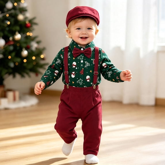 Glisme Chritsmas Outfits For Boys Long Sleeve Round Neck Romper Suspender Pants Cartoon Prints Gentleman Suit Relax Fit Toddler Daily Wear Green