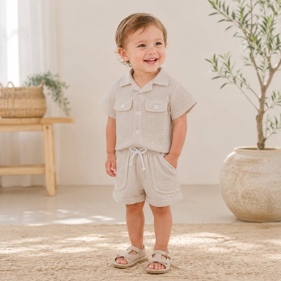 Glisme Clothes For Boys Round Neck Short Sleeve Cartoon Pattern Tops Shorts Relax Fit Toddler Outfits Beige