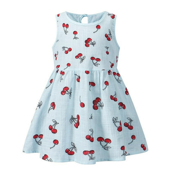 Glisme Fashion Girls Dresses Size 2-3 Y Summer Small And Medium And Linen Cherry Printed Sleeveless Vest Dress Light Blue Sundress For Girl