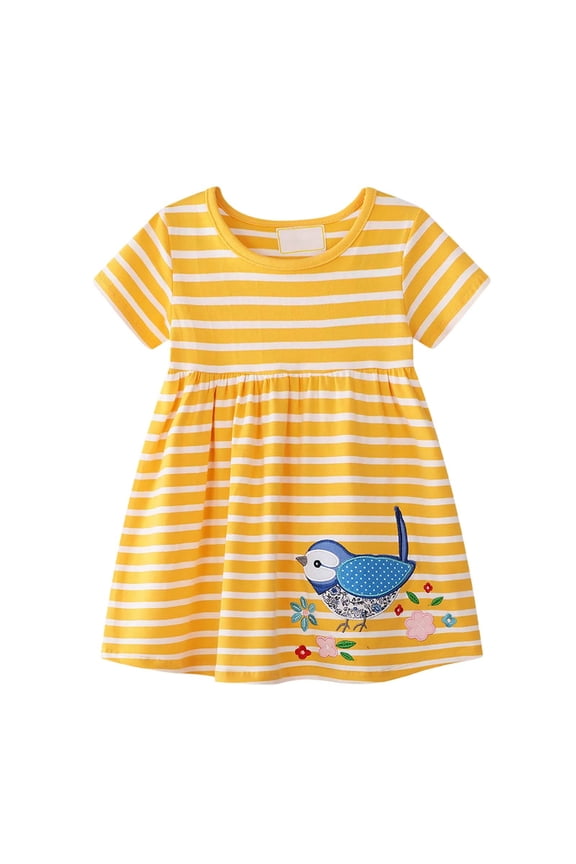 Fashion Girls Dresses Size 5-6 Y Toddler Summer Bird Print Dress Short Sleeve Casual Dress With Floral Embroidery Yellow Sundress For Girl