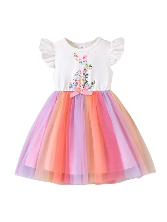 Fashion Girls Dresses Size 6-7 Y Easter Floral Bunny Print Dress With Sash And Puff Sleeves For Celebration And Photoshoot Red Sundress For Girl