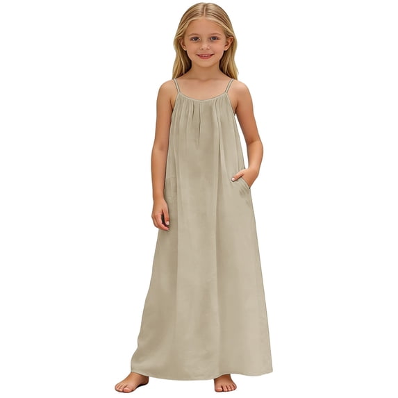 Glisme Fashion Girls Dresses Size 7-8 Y Sleeveless Loose Fit Pocket Dress Playwear Homewear Casual For Toddlers And Kids Beige Sundress For Girl