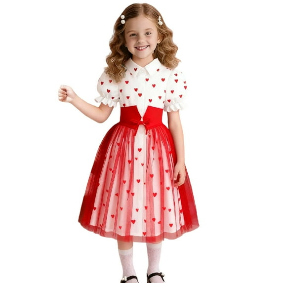 Glisme Fashion Girls Dresses Size 7-8 Y With Heart Print Skirt And Flutter Sleeves For Party Wear Red Sundress For Girl