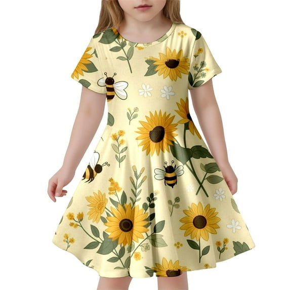 Glisme Fashion Girls Dresses Size 8-9 Y Festival Print Slim Short Sleeved Dress Yellow Sundress For Girl