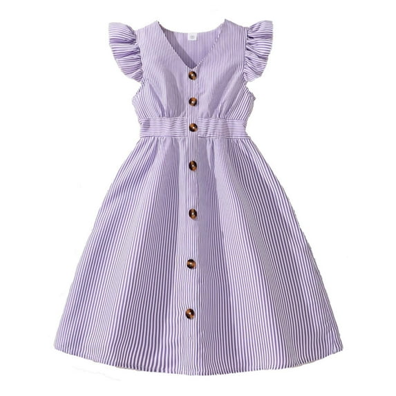 Glisme Fashion Girls Dresses Size 8-9 Y Summer Casual Dress Sleeveless A Line Button Down Ruffle Hem Striped Dress Purple Sundress For Girl