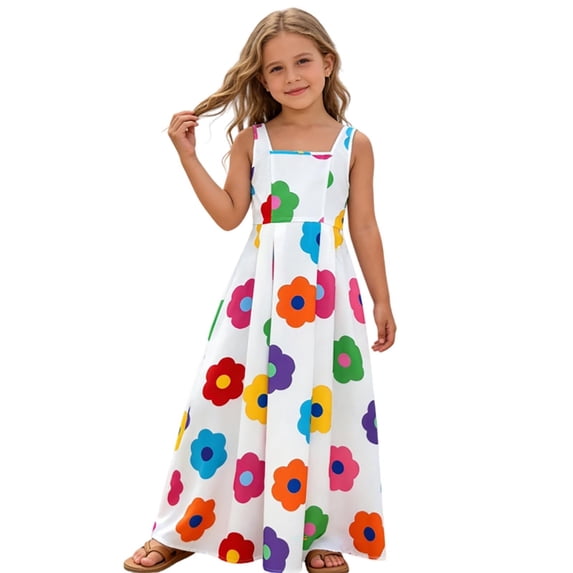 Glisme Fashion Girls Dresses Size 9-10 Y Casual Floral Print Spaghetti Strap Playful And Street Style Dress For Toddlers And Kids White Sundress For Girl