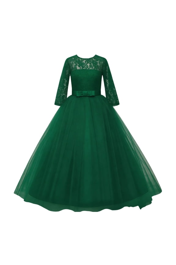 Fashion Girls Dresses Size 9-10 Y Kids Performance Formal Dress Flower Lace Wedding Dress Bowknot Party Gown Dark Green Sundress For Girl