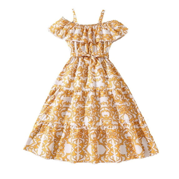 Glisme Fashion Girls Dresses Size 9-10 Y Off Shoulder Floral Maxi Dress A Class Summer Dress For Toddlers Yellow Sundress For Girl